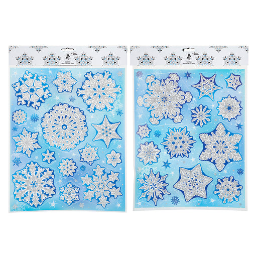 Christmas Stickers Glitter Snowflake 2 Varied Designs X 1 42cm x 30cm Blue