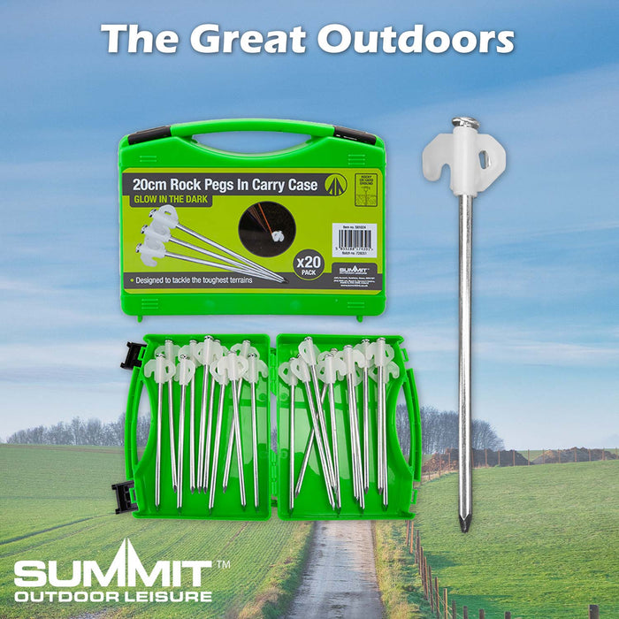 Tent Pegs Solid Case Glow In Dark Heavy Duty 20cm x 4cm Green X 1 Pack of 20
