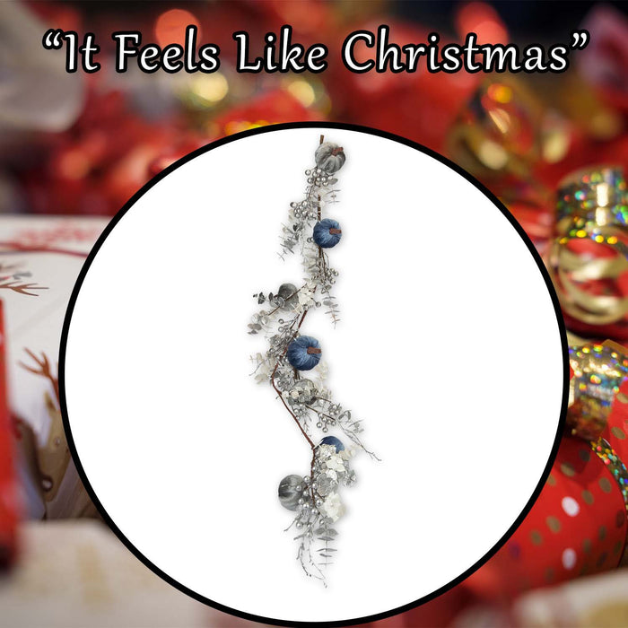 Christmas Velvet Pumpkin Leaves Berries Garland 120cm x 28cm Blue X 1