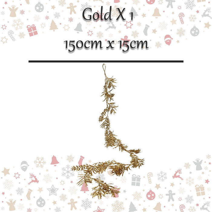 Christmas Glitter Leaves Garland Decoration 150cm x 15cm Gold X 1