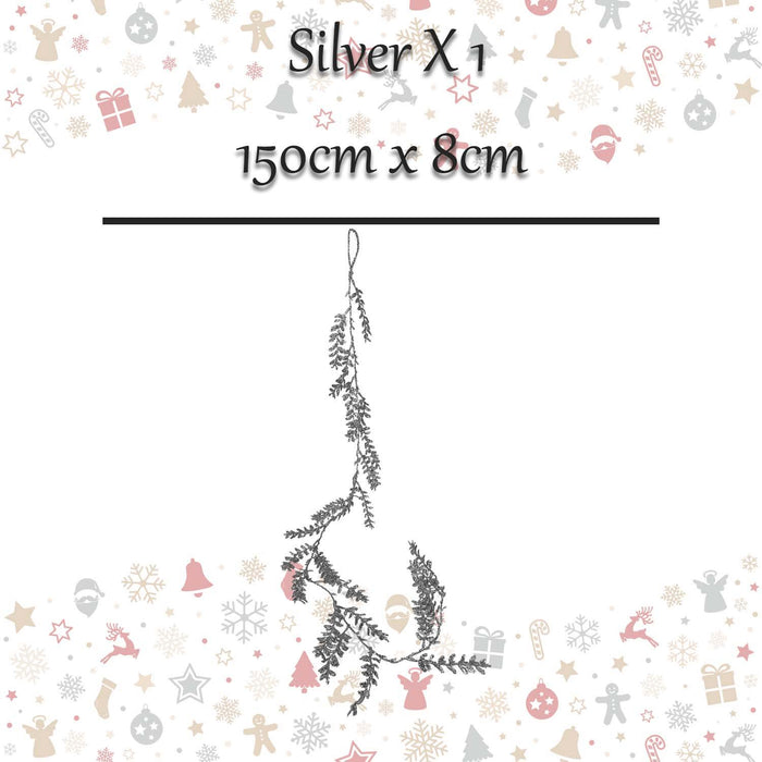 Christmas Glitter Leaves Garland Decoration 150cm x 8cm Silver X 1