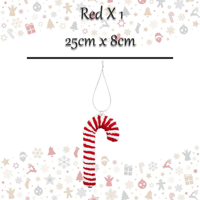 Christmas Knitted Candy Cane Hanging Decoration 25cm x 8cm Red X 1