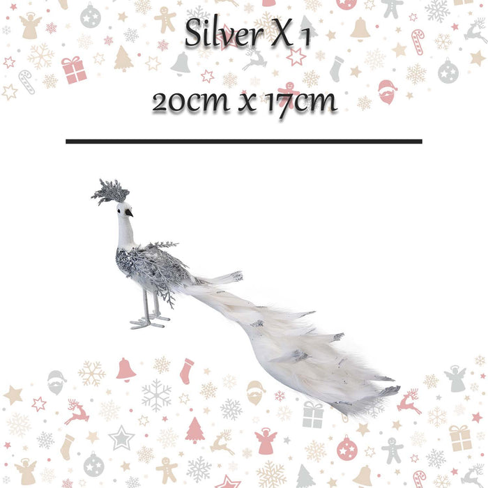Christmas Velvet Peacock Decoration 20cm x 17cm Silver X 1