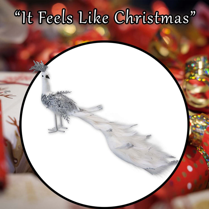 Christmas Velvet Peacock Decoration 20cm x 17cm Silver X 1