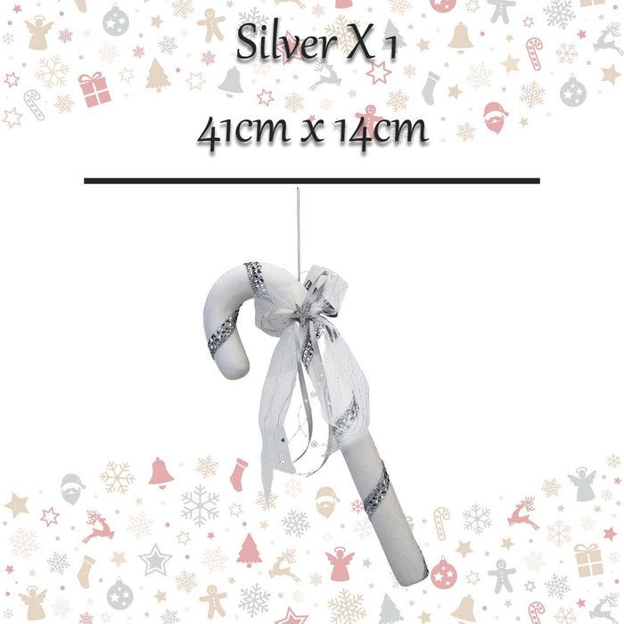 Christmas Velvet Candy Cane Decoration 41cm x 14cm Silver X 1