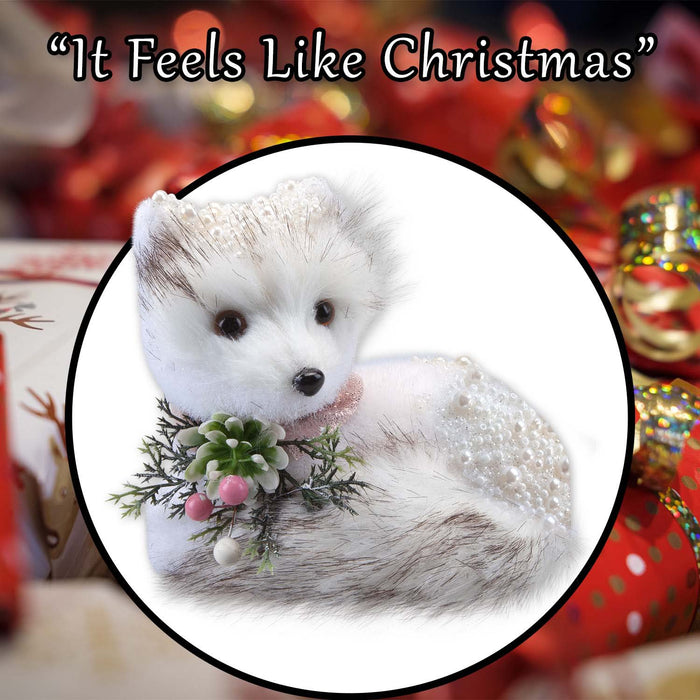 Christmas Flocking Fox Decoration 14cm x 17cm White X 1