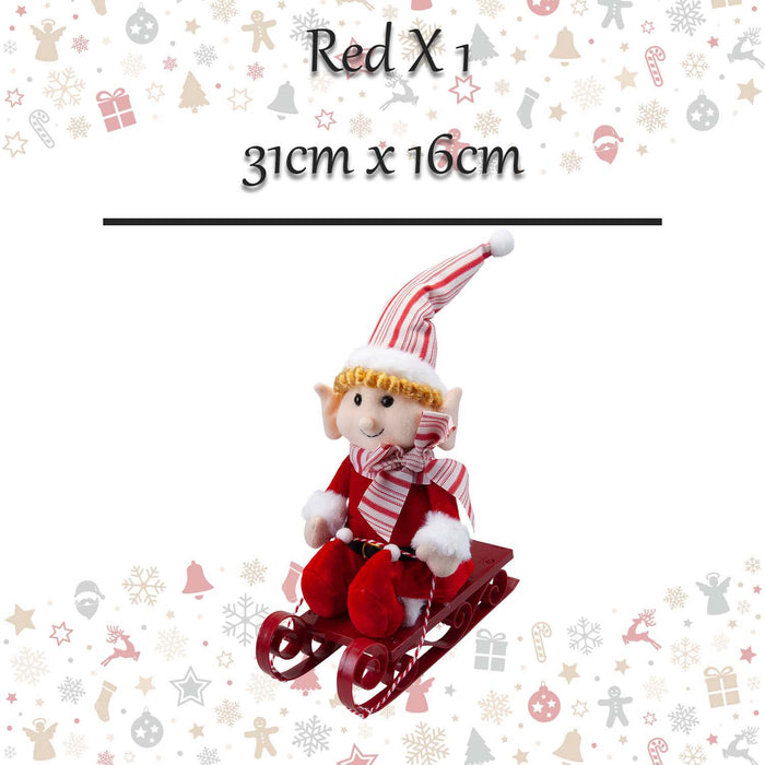 Christmas Elf On Sledge Decoration 31cm x 16cm Red X 1