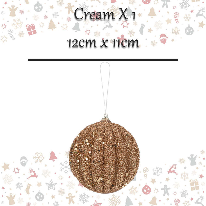 Christmas Glitter Hanging Ball Decoration 12cm x 11cm Cream X 1