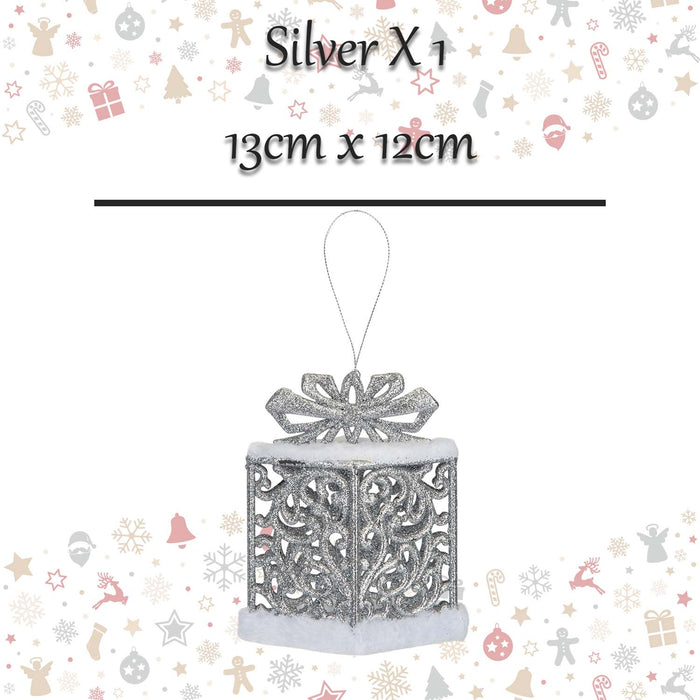 Christmas Gift Box Hanging Decoration 13cm x 12cm Silver X 1