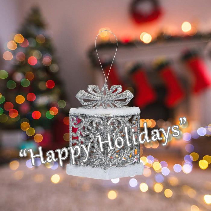 Christmas Gift Box Hanging Decoration 13cm x 12cm Silver X 1