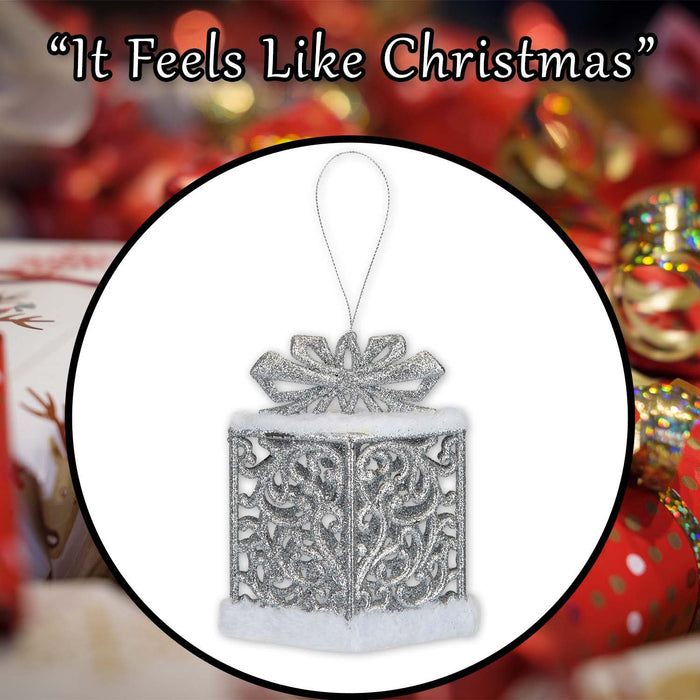 Christmas Gift Box Hanging Decoration 13cm x 12cm Silver X 1