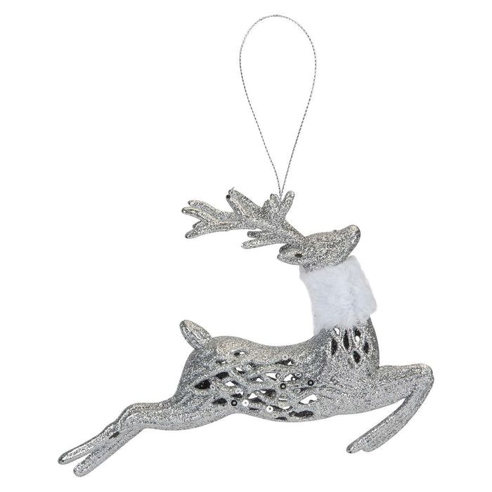 Christmas Glitter Reindeer Hanging Decoration 17cm x 20cm Silver X 1
