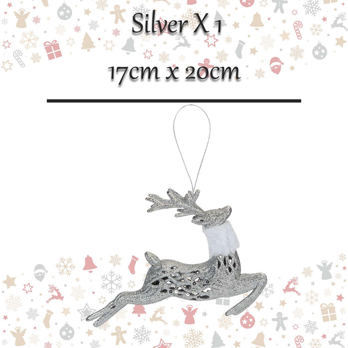 Christmas Glitter Reindeer Hanging Decoration 17cm x 20cm Silver X 1