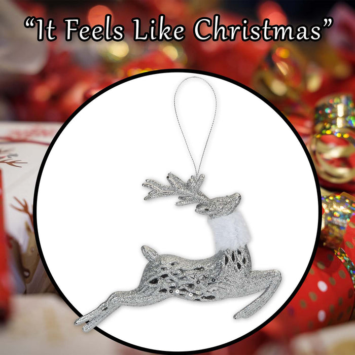 Christmas Glitter Reindeer Hanging Decoration 17cm x 20cm Silver X 1