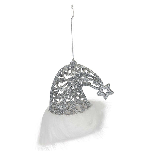 Christmas Glitter Santa Hat Hanging Decoration 11cm x 10cm Silver X 1