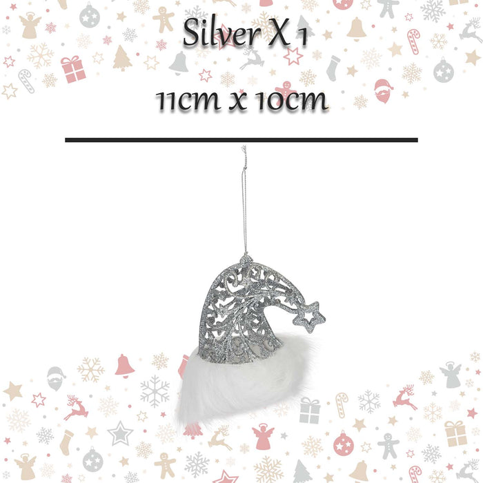 Christmas Glitter Santa Hat Hanging Decoration 11cm x 10cm Silver X 1