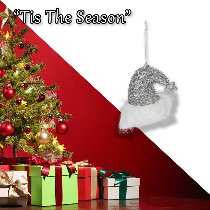 Christmas Glitter Santa Hat Hanging Decoration 11cm x 10cm Silver X 1