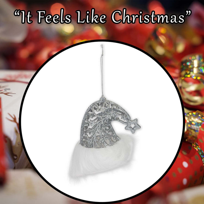 Christmas Glitter Santa Hat Hanging Decoration 11cm x 10cm Silver X 1