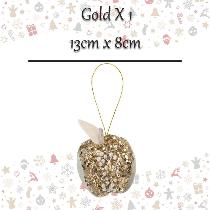 Christmas Velvet Apple Hanging Decoration 13cm x 8cm Gold X 1