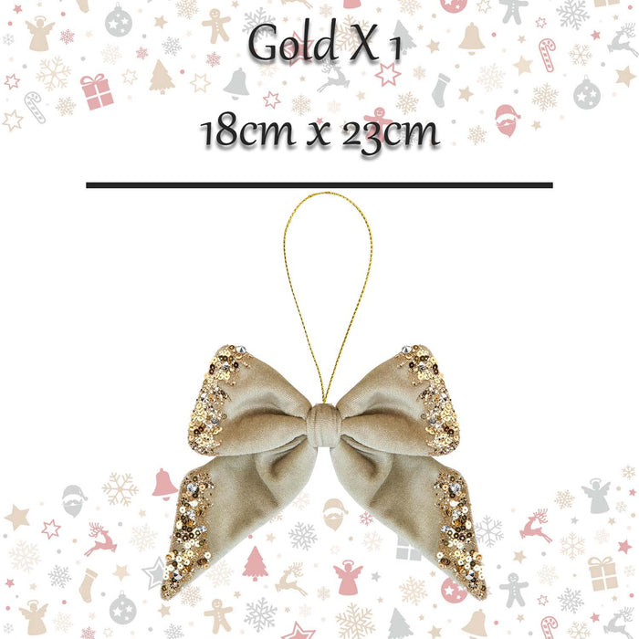 Christmas Velvet Bow Hanging Decoration 18cm x 23cm Gold X 1