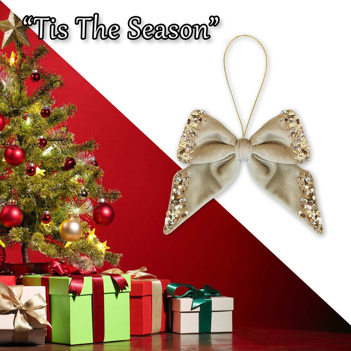 Christmas Velvet Bow Hanging Decoration 18cm x 23cm Gold X 1