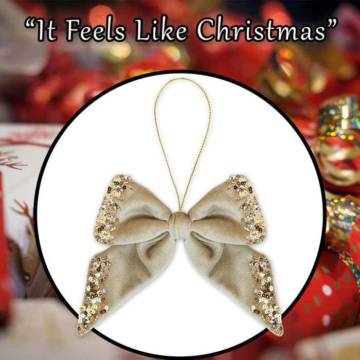 Christmas Velvet Bow Hanging Decoration 18cm x 23cm Gold X 1