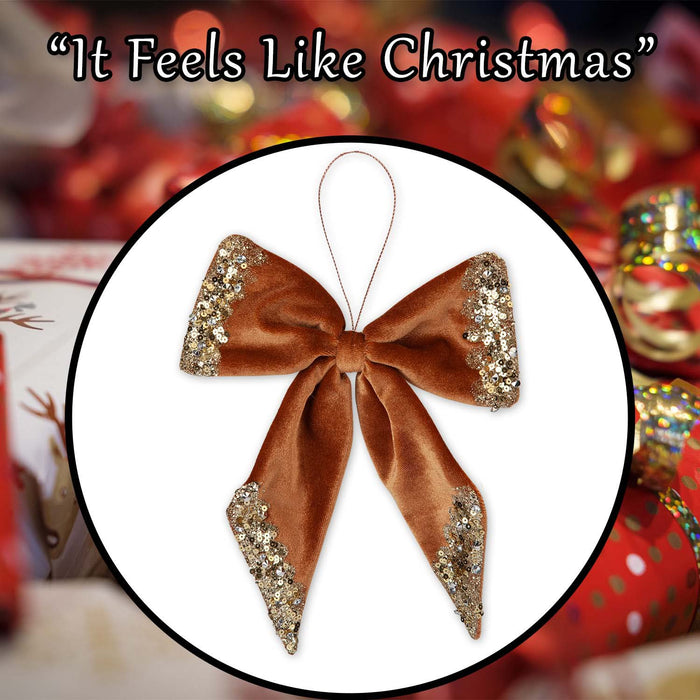 Christmas Velvet Bow Hanging Decoration 22cm x 21cm Gold X 1
