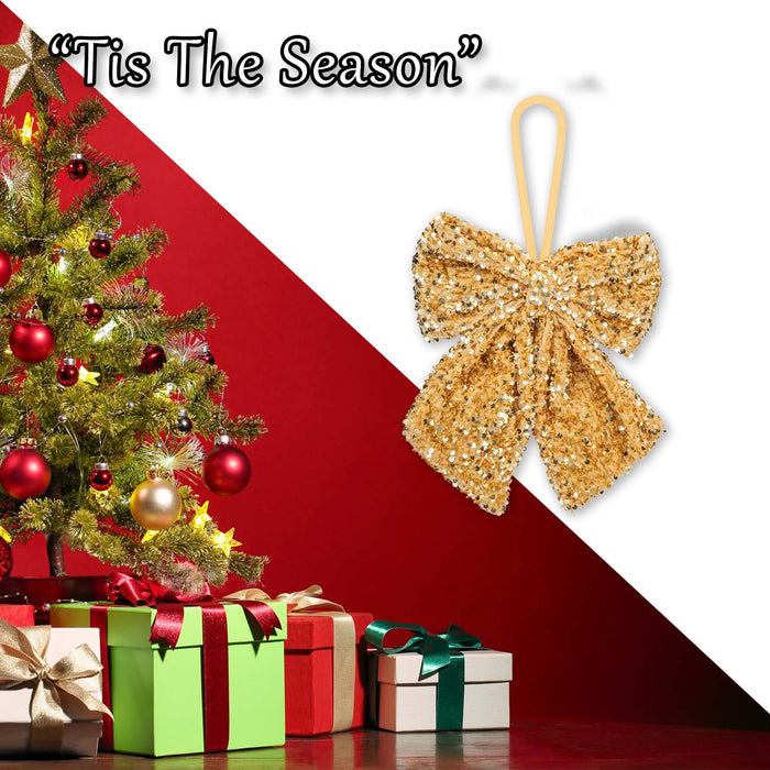 Christmas Sequins Bow Hanging Decoration 30cm x 22cm Gold X 1