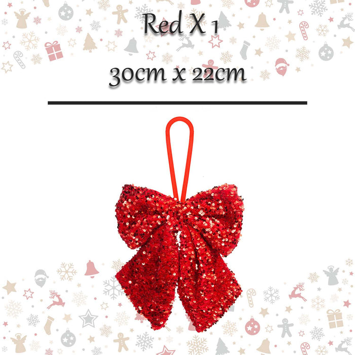 Christmas Sequins Bow Hanging Decoration 30cm x 22cm Red X 1