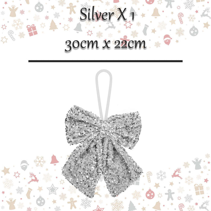 Christmas Sequins Bow Hanging Decoration 30cm x 22cm Silver X 1