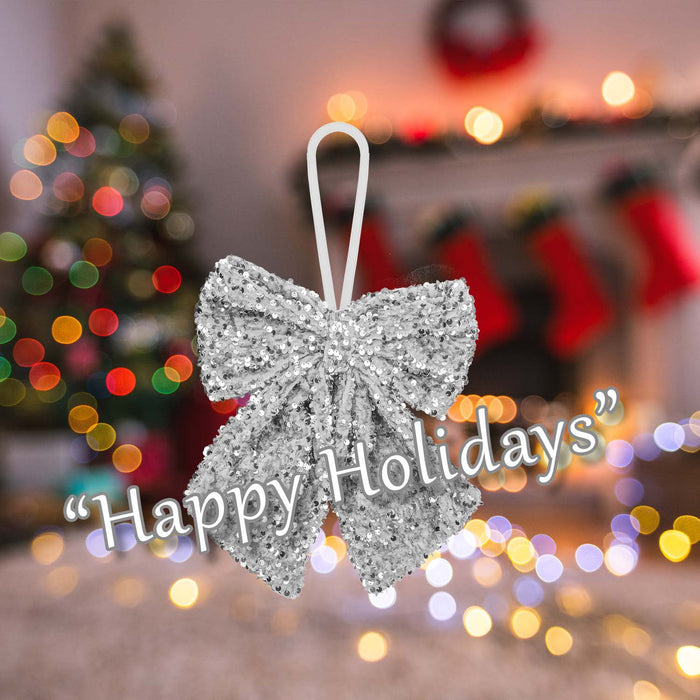 Christmas Sequins Bow Hanging Decoration 30cm x 22cm Silver X 1