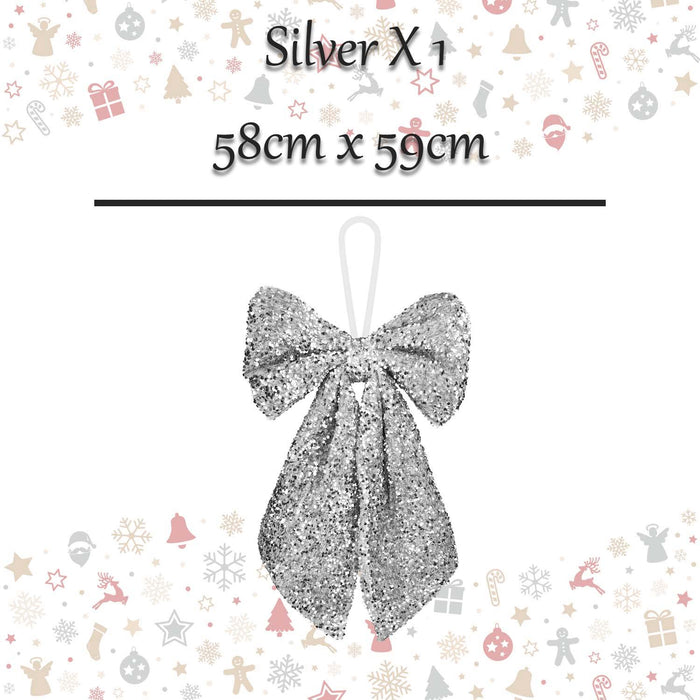 Christmas Sequins Bow Hanging Decoration 58cm x 59cm Silver X 1