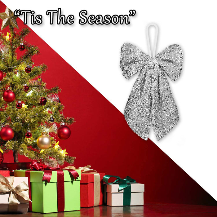 Christmas Sequins Bow Hanging Decoration 58cm x 59cm Silver X 1