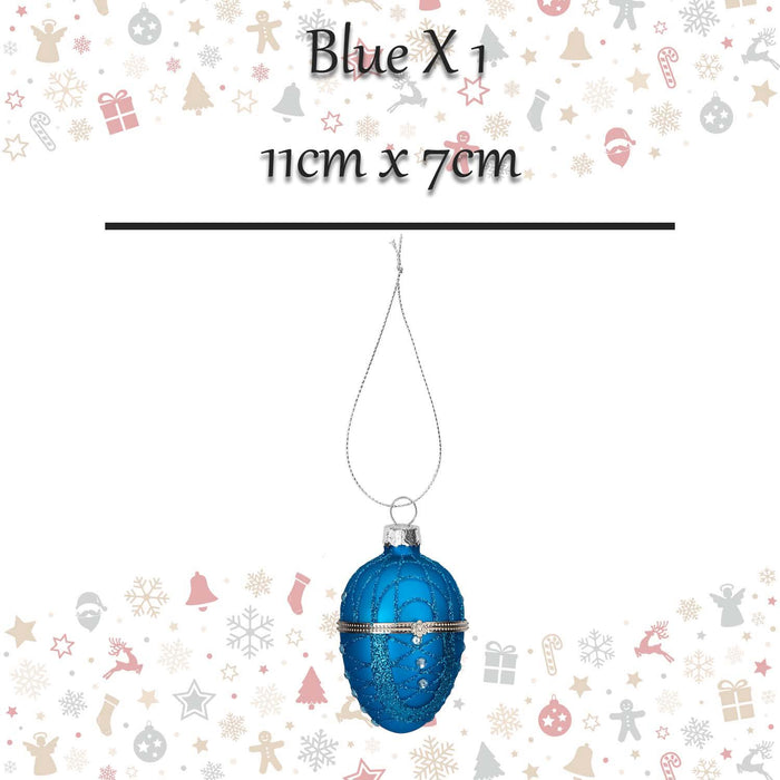 Christmas Hanging Glass Egg Decoration 11cm x 7cm Blue X 1