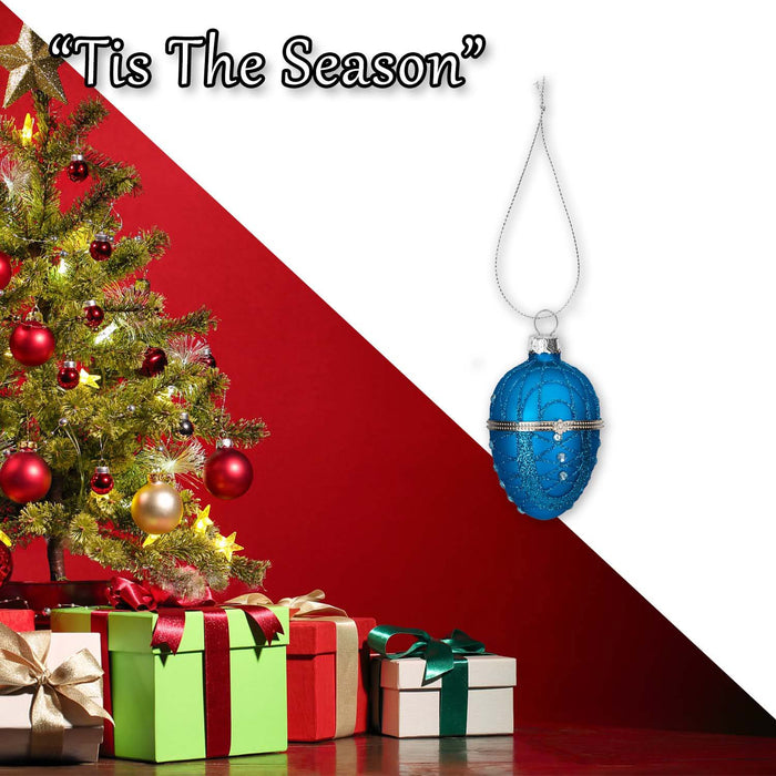 Christmas Hanging Glass Egg Decoration 11cm x 7cm Blue X 1