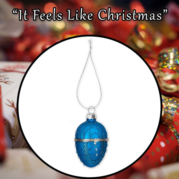 Christmas Hanging Glass Egg Decoration 11cm x 7cm Blue X 1