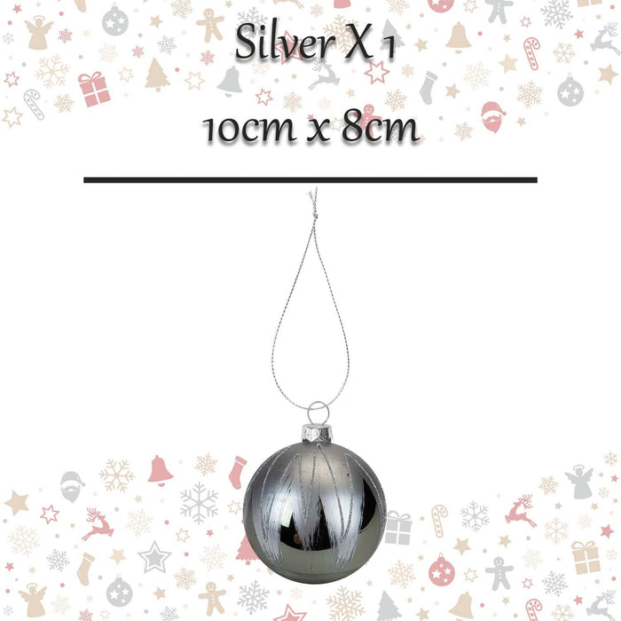 Christmas Hanging Glass Bauble Decoration 10cm x 8cm Silver X 1