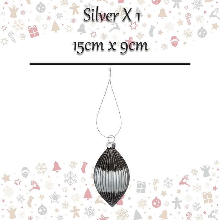 Christmas Hanging Glass Bauble Decoration 15cm x 9cm Silver X 1