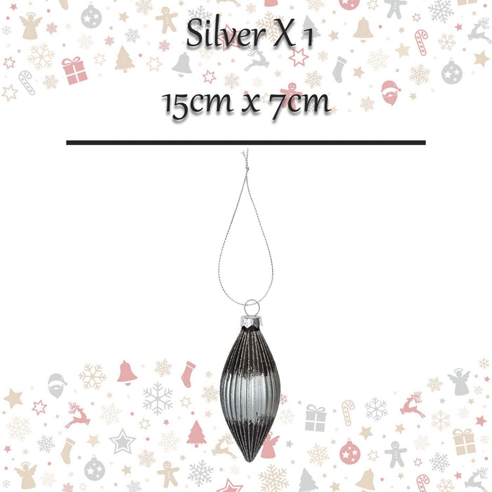 Christmas Hanging Glass Bauble Decoration 15cm x 7cm Silver X 1