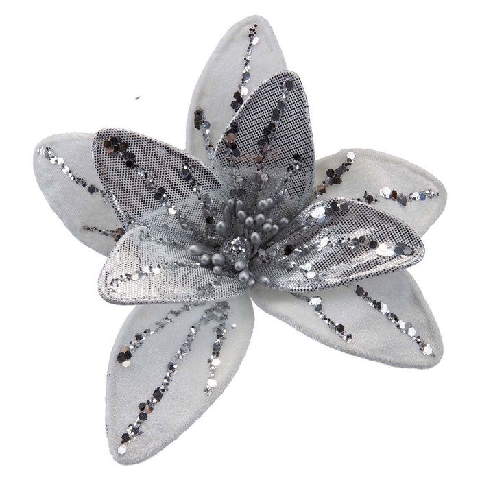 Christmas Velvet Flower Clip Decoration 12cm x 6cm White X 1