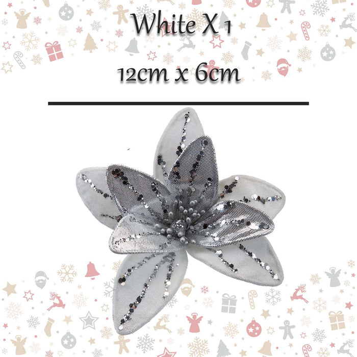 Christmas Velvet Flower Clip Decoration 12cm x 6cm White X 1