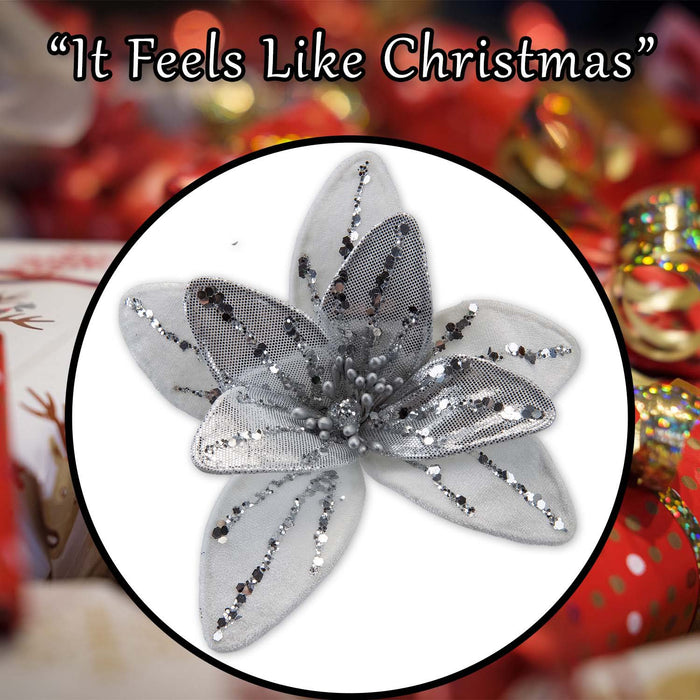 Christmas Velvet Flower Clip Decoration 12cm x 6cm White X 1