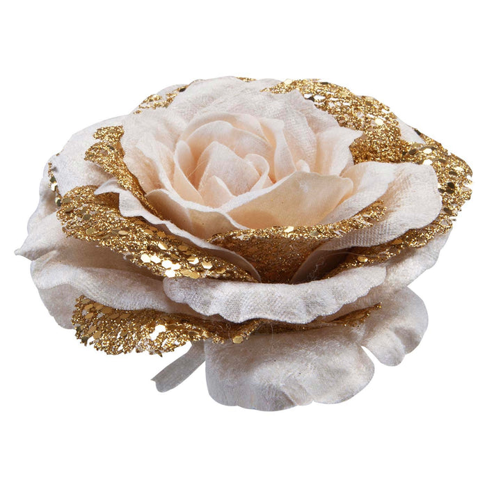 Christmas Rose Head with Clip Decoration 8cm x 15cm Rose Gold X 1