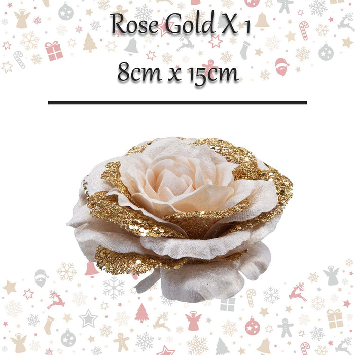 Christmas Rose Head with Clip Decoration 8cm x 15cm Rose Gold X 1