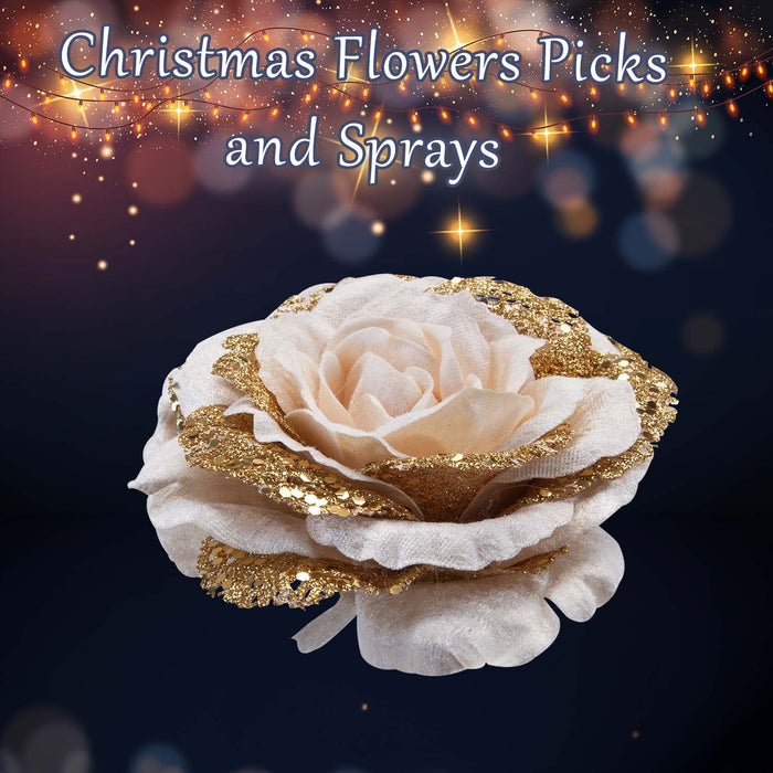 Christmas Rose Head with Clip Decoration 8cm x 15cm Rose Gold X 1