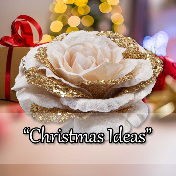 Christmas Rose Head with Clip Decoration 8cm x 15cm Rose Gold X 1