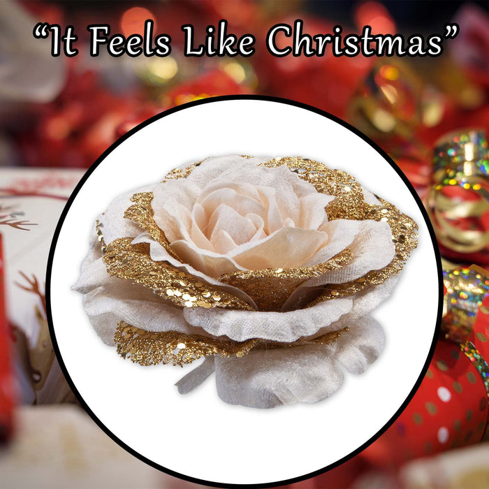 Christmas Rose Head with Clip Decoration 8cm x 15cm Rose Gold X 1