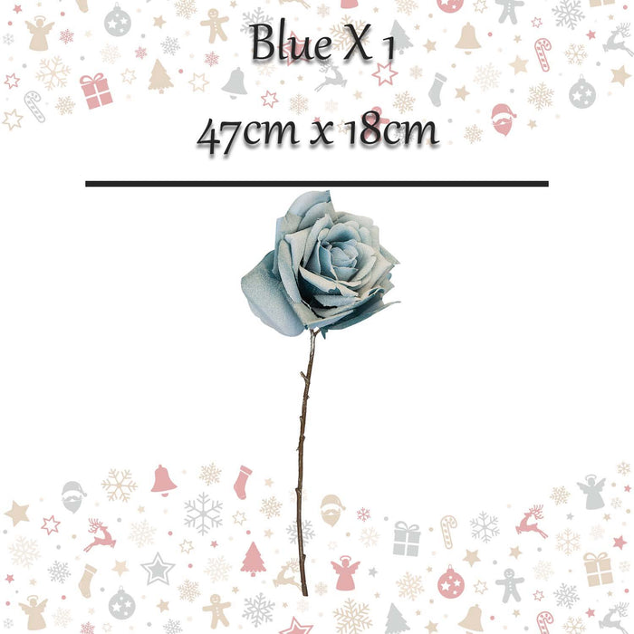 Christmas Glitter Rose Decoration 47cm x 18cm Blue X 1
