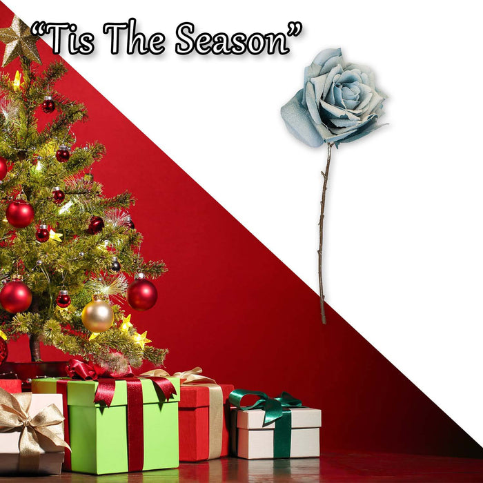 Christmas Glitter Rose Decoration 47cm x 18cm Blue X 1