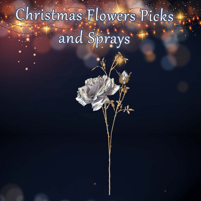 Christmas Rose Spray Pick Decoration 80cm x 16cm Silver X 1
